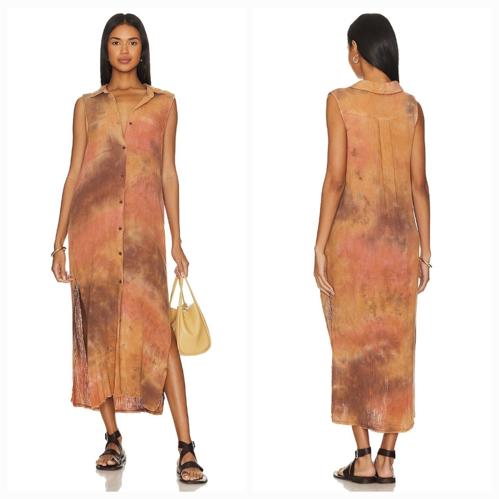 Bella Dahl Frayed Pocket Duster Midi Dress In Desert Clay Dye Small